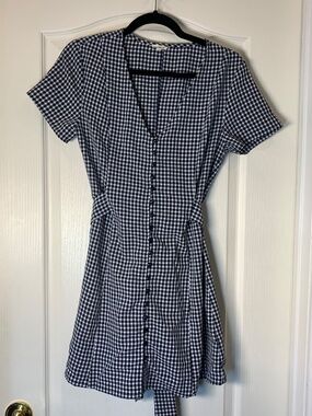 EN CRÈME Gingham Dress Black White Button Front Belted Mini Dress Size Small